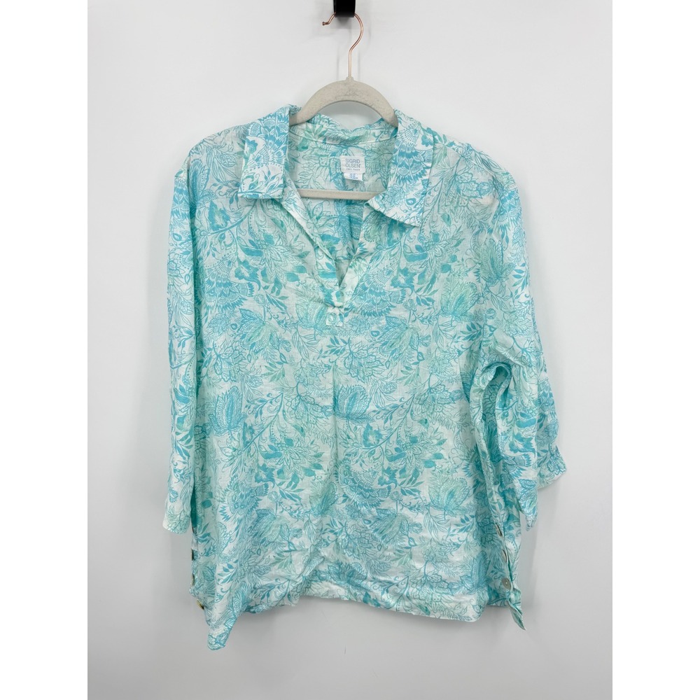 Sigrid Olsen Linen Floral Tunic Top Women 2X Turquoise White Side Button Accent